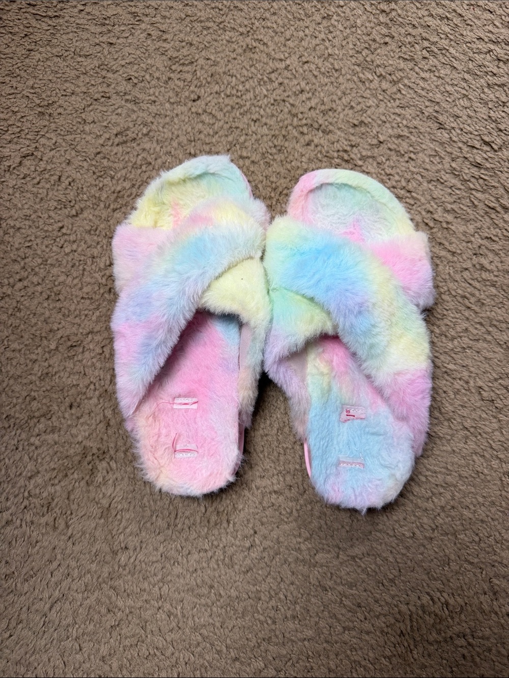 Capelli of New York Pastel Rainbow Fuzzy Slide Slippers - Pink Soles
